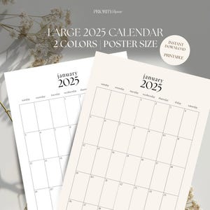 Puede incluir: Dos páginas de calendario imprimibles 2025 en tamaño póster. Las páginas del calendario son en blanco y negro con un diseño simple. Las páginas del calendario son para enero de 2025.