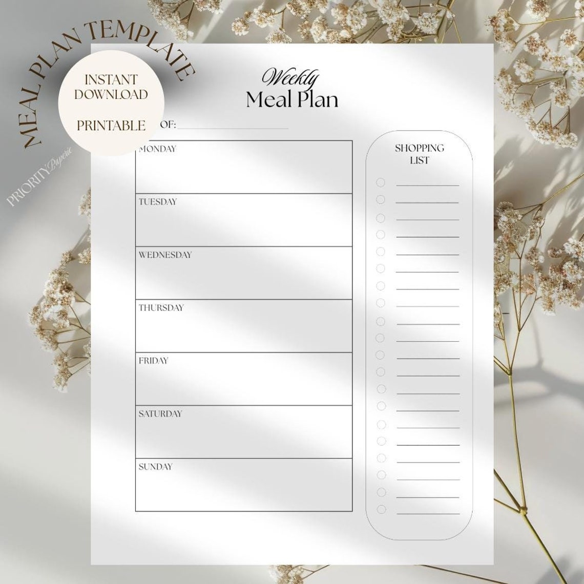 Minimalist Meal Plan Template | Printable Digital Download | Weekly ...