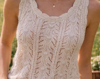 Top de tirantes de encaje tejido a mano, mezcla de algodón color crema, blusa bohemia femenina de verano.