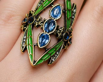 Anello Art Déco con libellula – Smalto verde, anello vistoso con cristallo blu (color oro), taglia 6
