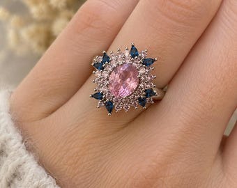 Sterling Silver Statement Ring | Pink Blue Cubic Zirconia Halo (Size 7)