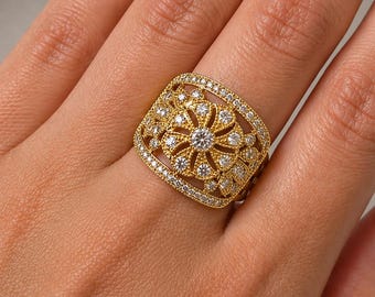 Gold Cubic Zirconia Promise Ring, Size 7, Vintage Style Statement Ring, Crystal Floral Band, Gift for her