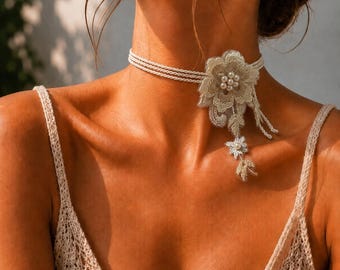 Handmade Floral Lace Choker Necklace, Embroidered Pearls, Romantic Cottagecore Bridal Jewelry