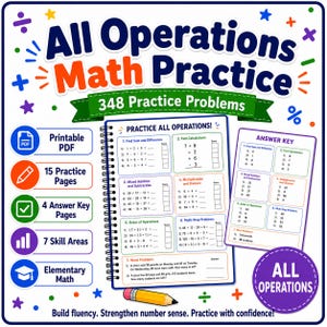 Puede incluir: Un conjunto de hojas de ejercicios de matemáticas titulado All Operations Math Practice con 348 problemas. Incluye una página encuadernada en espiral con siete secciones de problemas aritméticos, una hoja de respuestas y cinco iconos circulares que detallan 15 páginas, 4 hojas de respuestas, 7 áreas de habilidades y matemáticas elementales.