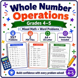 Può includere: Una risorsa educativa digitale intitolata Whole Number Operations Grades 4-5 contenente 357 problemi di matematica, due file PDF in formato A4 e US Letter e le chiavi di risposta. L'immagine include tre fogli di lavoro di esempio, una calcolatrice e una matita.