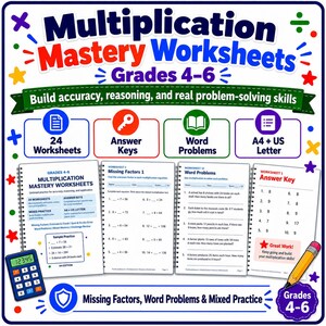 Op de afbeelding: Multiplication Mastery werkbladen voor groep 6-8 met 24 werkbladen, antwoordsleutels en tekstproblemen. De educatieve set bevat pagina's voor ontbrekende factoren, gemengde oefeningen en uitdagingen in A4 en US Letter papierformaten.