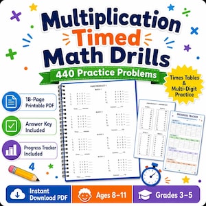 Può includere: Un quaderno di esercizi di matematica intitolato "Multiplication Timed Math Drills" con 440 problemi di pratica. Include una chiave di risposta e un tracker dei progressi. Con il testo "Ages 8-11" e "Grades 3-5".