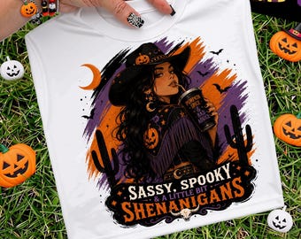 Sassy Spooky And A Little Bit Shenanigans Png, Western Cowgirl Witch Pumpkin Spice Shirt, Halloween Png Witchy Cowgirl, Digital Download