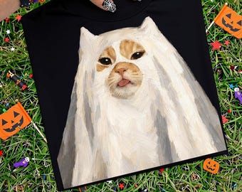 Funny Ghost Shirt PNG, Funny Orange Cat in Halloween Ghost Costume Tshirt, Halloween Sublimation Graphics, DTF Transfer, Digital Download