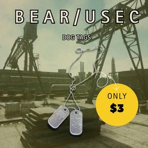Peut inclure: Plaques d'identification argentées sur une chaîne avec le texte "BEAR/USEC" et "DOG TAGS". L'arrière-plan est une scène industrielle délavée avec un cercle jaune indiquant "ONLY $3".