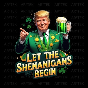 Può includere: Un uomo con un abito verde e una cravatta verde tiene un bicchiere di birra verde. Sta indicando a destra e il testo "Let the Shenanigans Begin" è sotto di lui.