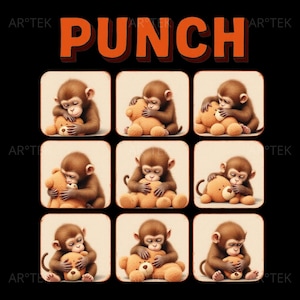 Può includere: Grafica con la parola "PUNCH" in arancione. Nove quadrati mostrano una scimmia marrone che abbraccia un orsacchiotto beige su sfondo nero.