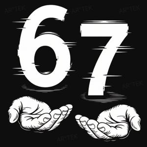 Può includere: Numero bianco 67 con effetto glitch, sopra due mani aperte, il tutto su sfondo nero. Le mani sono in posizione a coppa, come per tenere qualcosa. L'immagine ha uno stile di arte digitale.