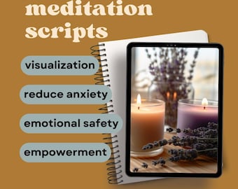 May include: A tablet displaying a still life image of two candles and lavender flowers. The tablet is open to a page with the text "meditation scripts" and a list of four meditation topics: visualization, reduce anxiety, emotional safety, and empowerment.