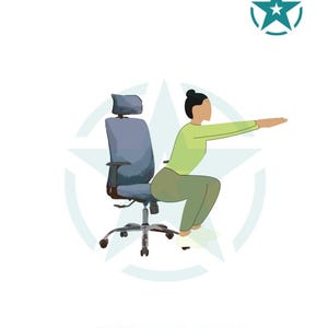 May include: A person doing a chair squat exercise. They are sitting on an office chair with their arms extended to the side. The image has the text "1 MINUTE CHAIR SQUATS" at the bottom.