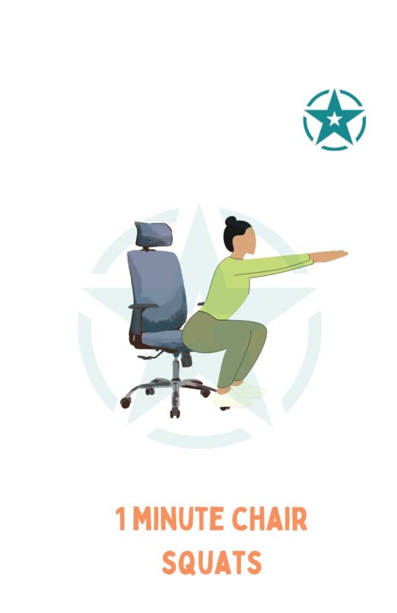 May include: A person doing a chair squat exercise. They are sitting on an office chair with their arms extended to the side. The image has the text "1 MINUTE CHAIR SQUATS" at the bottom.