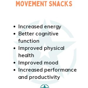 May include: A white background with a teal star in the center. The text "BENEFITS OF MOVEMENT SNACKS" is in orange at the top of the image. A list of benefits is below the text, including increased energy, better cognitive function, improved physical health, improved mood, and increased performance and productivity.