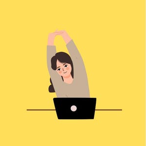 May include: A woman sitting at a desk with a laptop in front of her, stretching her arms above her head. The background is yellow and the text "1 MINUTE DESK STRETCH" is at the top of the image. The text "SHONA HEALTH HUB SMALL STEPS BIG IMPACT" is at the bottom of the image.