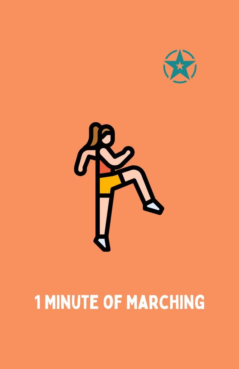 May include: A cartoon illustration of a person marching in place. The person is wearing a red tank top, yellow shorts, and white sneakers. The background is orange with a blue star in a circle at the top. The text "1 MINUTE OF MARCHING" is at the bottom of the image.