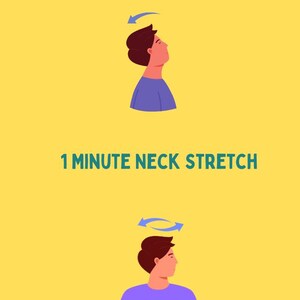 May include: Illustration of a person performing a neck stretch exercise. The image shows a person with brown hair and a purple shirt, with a blue arrow circling their head, indicating a circular motion. The text "1 MINUTE NECK STRETCH" is displayed below the image.