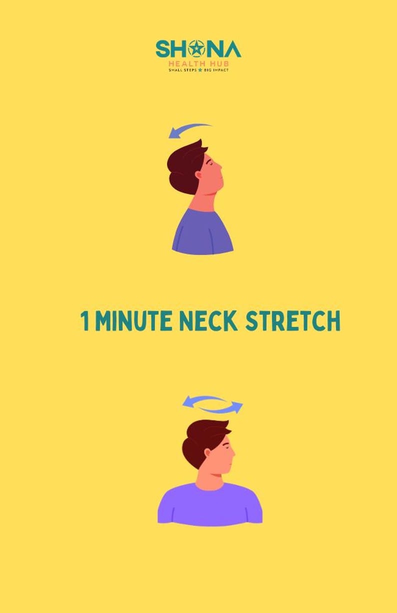 May include: Illustration of a person performing a neck stretch exercise. The image shows a person with brown hair and a purple shirt, with a blue arrow circling their head, indicating a circular motion. The text "1 MINUTE NECK STRETCH" is displayed below the image.