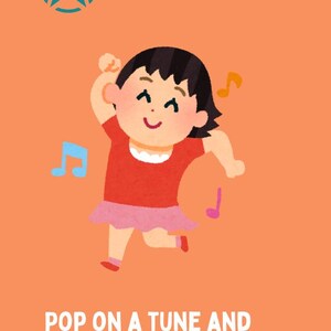 May include: A cartoon illustration of a girl with brown hair wearing a red shirt and a pink skirt, dancing with her arms raised. The background is orange with musical notes and a blue star.