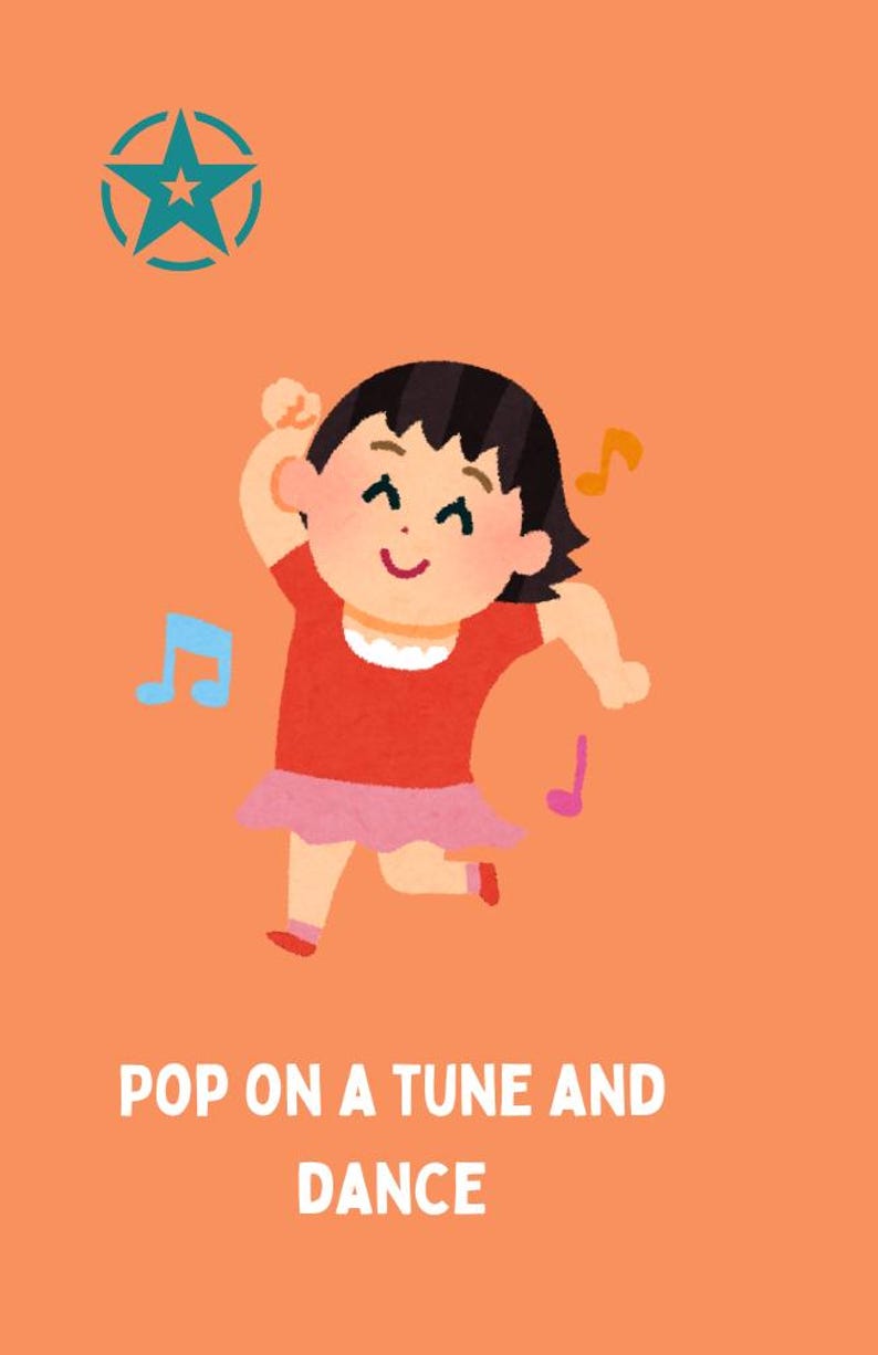 May include: A cartoon illustration of a girl with brown hair wearing a red shirt and a pink skirt, dancing with her arms raised. The background is orange with musical notes and a blue star.