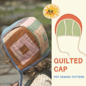 Könnte beinhalten: Ein Nähmuster für eine gesteppte Baby-Mütze mit einem bunten Patchwork-Design. Das Muster enthält Anleitungen zum Nähen einer gesteppten Mütze mit einem Band.