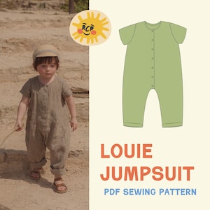 以下が含まれることがあります： ベージュのリネンジャンプスーツ、帽子、サンダルを着用した子供。画像には、テキスト「LOUIE JUMPSUIT PDF SEWING PATTERN」と太陽のロゴが付いた緑色のジャンプスーツパターンも含まれています。