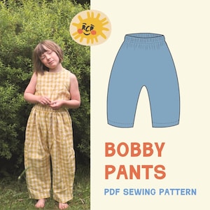 May include: A young person wearing a yellow and white checkered jumpsuit. Next to the person is a blue illustration of pants with the text "BOBBY PANTS PDF SEWING PATTERN" and a sun logo.