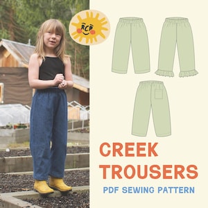 Red Creek Kids | Creek Trousers | Elastic Waist | Pull-on Style | Ruffle Hem | PDF Sewing Pattern | 6 m- 12 yr | Beginner Friendly Sewing
