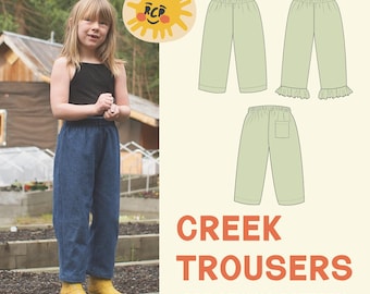 Red Creek Kids | Creek Trousers | Elastic Waist | Pull-on Style | Ruffle Hem | PDF Sewing Pattern | 6 m- 12 yr | Beginner Friendly Sewing