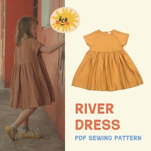 May include: A PDF sewing pattern for a yellow linen dress called "River Dress". The pattern includes instructions for making a dress with short sleeves and a gathered skirt.