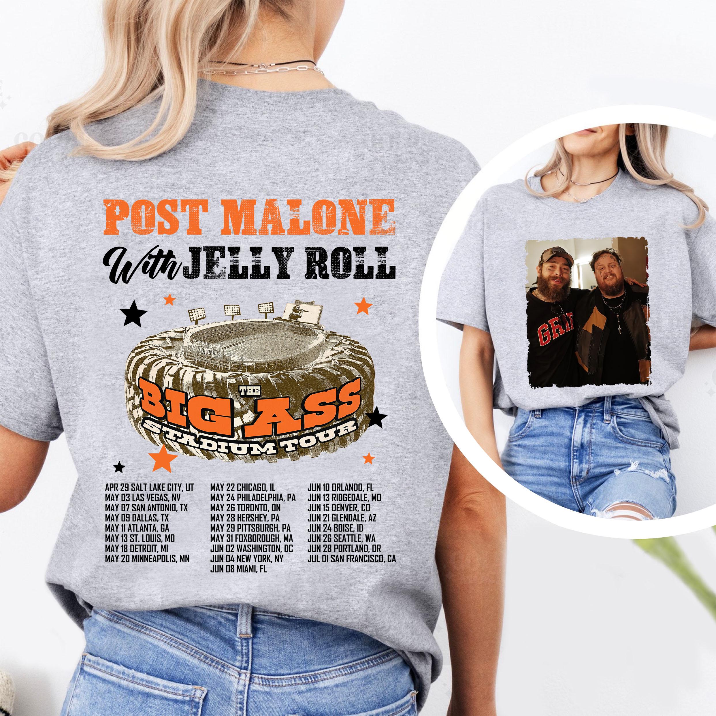 Discover Post Malone vs Jelly Roll Tour 2025 T-Shirt, Post Malone Big Asss Stadium Tour Shirt