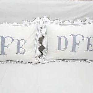 Personalized Monogram 400 Thread count White cotton Sateen Hotel Stitch Scalloped and Double Border Embroidery Duvet Cover set
