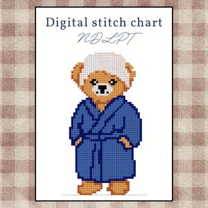 May include: Digital stitch chart featuring a pixelated teddy bear wearing a blue robe and a white hair wrap. The text "Digital stitch chart" and "NDLPT" are displayed above the bear. The background has a checkered pattern.