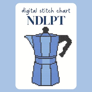 May include: A digital stitch chart featuring a blue and black cross-stitch design of a coffee maker. The text "digital stitch chart" and the letters "NDLPT" are displayed in a white box against a light blue background.
