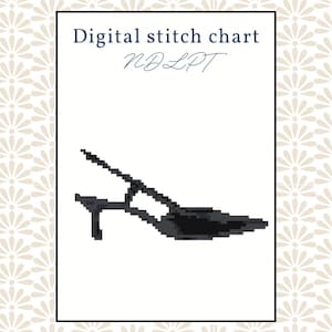 May include: Digital stitch chart with a pixelated black high-heeled shoe design. The text "Digital stitch chart" is above the shoe, with "NDLPT" below it. The background has a floral pattern.