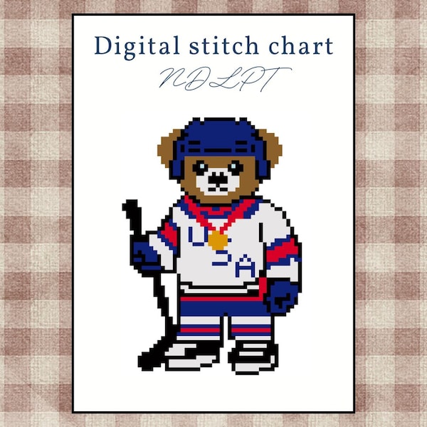 Hockey USA Gold Medal, Teddy Bear Needlepoint/Cross Stitch Pattern (PDF), 2026 Olympics