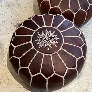 Rustic Brown Leather Pouf-Moroccan POUF with White Stitching Leather Pouf Ottoman Pouf Moroccan Leather Pouf Moroccan Pouffe