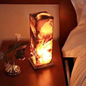 Luxurious Unique Pattern Marble Onyx 12-Inch Cube Lamp - Handcrafted Decorative Lamp, Elegant Home Lighting, Natural Stone Accent, Modern!