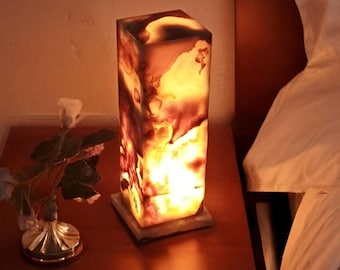 Lámpara de cubo de ónix y mármol artesanal: iluminación elegante para el hogar (30 cm, enchufe británico)