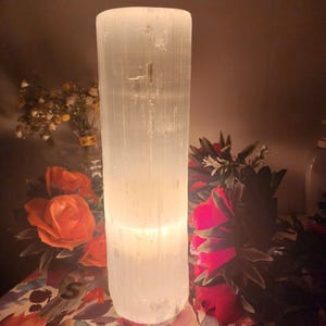 Selenite Crystal Lamp Cylinder Natural Healing Stone, Energy Cleansing Light, Unique Decorative Lamp, Spiritual Gift, Chakra Healing