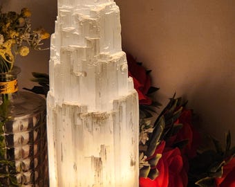 Pure Selenite Crystal Natural Light Mountain Tower Lamp Handmade Natural Energy Healing Clarity and Meditation Lamp Home Decoration lamp