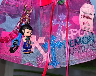 K-Pop Demon Hunters Chain Denim Skirt, Rhinestone Painted, Custom Name Birthday Outfit