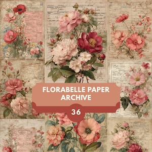Florabelle Junk Journal Seiten - 36 druckbare Vintage florale Ephemera, botanisches Quittungs-Collage-Kit, antikes Papier Archiv-Download