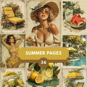 Puede incluir: Un collage de imágenes veraniegas de estilo vintage. La imagen central presenta a una mujer con sombrero de paja y gafas de sol. Otras imágenes incluyen una tumbona amarilla, rodajas de sandía, una escena de piscina y un cóctel. Se muestra el texto "SUMMER PAGES 36".