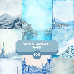 100 Blue Boho World Landmarks Digital Paper Bundle for Scrapbooking, Junk Journals, Printable Travel Aesthetic City Backgrounds
