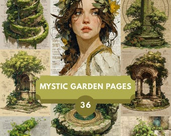 Mystic Garden Junk Journal Pages - 36 Printable Fantasy Botanical Ephemera, Enchanted Forest Scrapbook Kit, Ancient Ruins & Nature Aesthetic