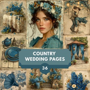 Vintage Junk Journal Seiten - 36 druckbare Vintage Blaue Scrapbook Blätter - Rustikale Blumenhochzeit - Ephemera - Sofortiger Download JPG